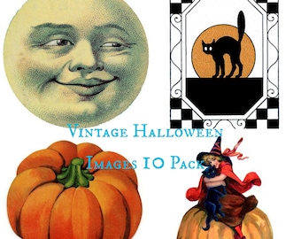 May include: A set of four vintage Halloween images featuring a smiling moon face, a black cat silhouette in front of a yellow moon, a pumpkin with a green stem, and a witch holding a black cat on top of a pumpkin.