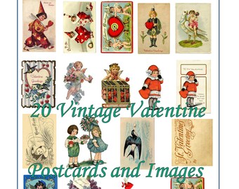 May include: A collage of 20 vintage Valentine's Day postcards and images. The images feature angels, birds, hearts, and children. The text on the postcards includes "Valentine Greetings", "To My Valentine", and "St. Valentine's Greeting".