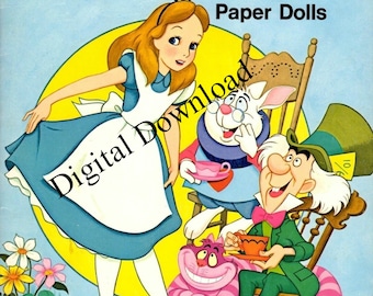 May include: Alice in Wonderland paper dolls featuring Alice, the Mad Hatter, the Cheshire Cat, and the White Rabbit. The dolls are colourful and have a whimsical style.
