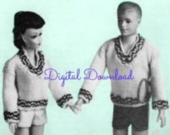 May include: A knitting pattern for a doll sweater and shorts set. The pattern includes instructions for a white sweater with black trim and matching shorts. The pattern is for a doll with a similar appearance to Barbie.