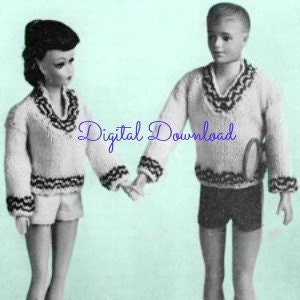 May include: A knitting pattern for a doll sweater and shorts set. The pattern includes instructions for a white sweater with black trim and matching shorts. The pattern is for a doll with a similar appearance to Barbie.