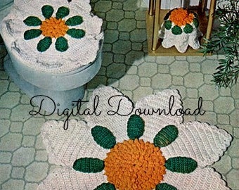 Sunflower Bathroom Rug Set, Crochet Pattern, Seat Cover, Tissue Cover, Kitchen Rug, Vintage, PDF Instant, Digital Download