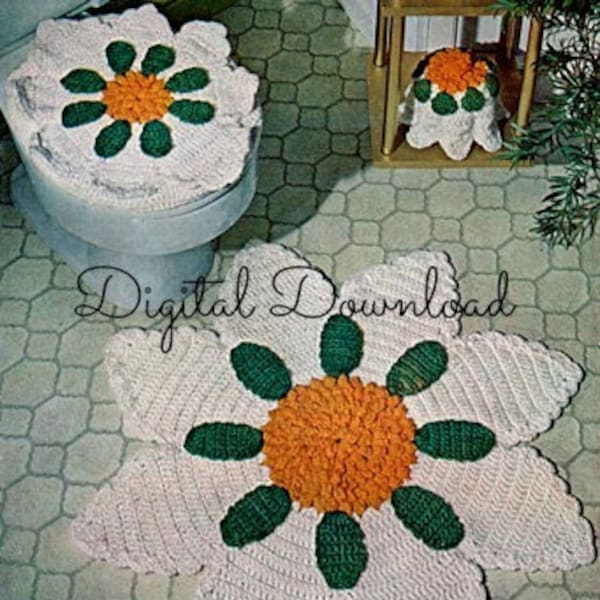 Ensemble de tapis de salle de bain tournesol, motif au Crochet, housse de siège, housse de tissu, tapis de cuisine, vintage, PDF instantané, téléchargement numérique