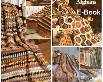 May include: A collection of four crochet afghans in various colours and patterns. The afghans are made with a variety of stitches and textures, including stripes, hexagons, and granny squares. The afghans are all fringed and have a rustic, vintage look. The image includes the text "Instructions to Beauty Afghans Digital Download E-Book".
