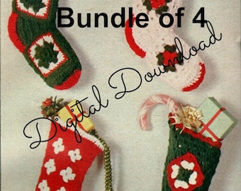Granny Square Christmas Stocking Crochet Pattern, 4 Pack Bundle, Vintage Pattern, Easy Quick Leaflet Booklet EBook PFD Digital Download