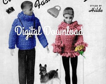 May include: A digital download pattern for knitting clothes for fashion model dolls. The pattern includes a blue sweater for a boy doll and a pink sweater for a girl doll. The text "Digital Download" is printed on the image.