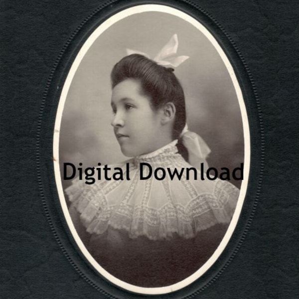 1900's Teen Girl Studio Portrait, Edwardian Photo, Scrapbook Mixed Media, Vintage Dress, Oval Photograph, PDF Instant, Digital Download