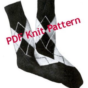 May include: A pair of black and white argyle socks. The socks have a diamond pattern. The text "PDF Knit Pattern" is superimposed on the image.