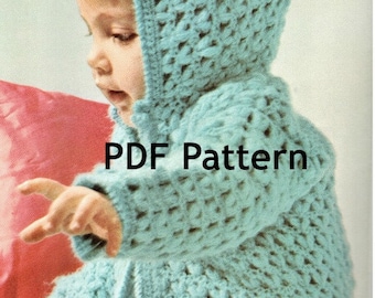 Patrón de suéter con capucha de ganchillo de palomitas de maíz para niños pequeños, Vintage 1971, cárdigan en 2 tamaños, 6 meses 1 año, PDF instantáneo, descarga digital