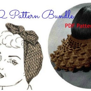 May include: Two crochet hair covering patterns in a PDF bundle. The first pattern is a headband with a bow. The second pattern is a hairnet with a scalloped edge. Both patterns are brown.
