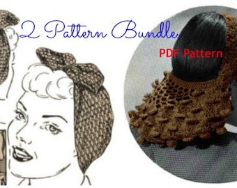 Patrón de ganchillo Snood, Rosie Riveter, Vintage 1940's, paquete de 2 patrones, película negra, PDF instantáneo, descarga digital