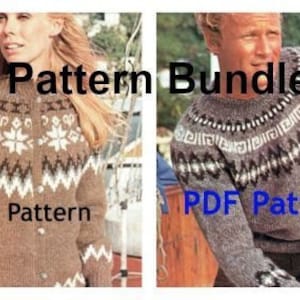 May include: A bundle of two PDF knitting patterns for sweaters. The patterns feature a brown and white color scheme with geometric and snowflake designs. The patterns are for a cardigan and a crew neck sweater.