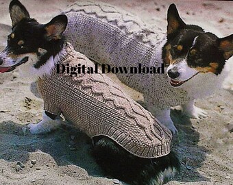 Puede incluir: Dos perros corgi con suéteres de punto. El suéter del perro en primer plano tiene un patrón de punto de cable. El suéter del perro en el fondo es un punto simple.