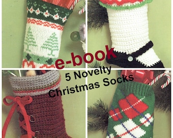 Christmas Stockings Knit/Crochet Pattern, 5 Patterns E-Book, Vintage Christmas Sock Pattern, PDF Instant, Digital Download,