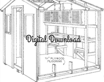 Puede incluir: Un dibujo en blanco y negro de un gallinero con una cúpula de 30,5 cm x 30,5 cm, una ventilación deslizante, un tablero de clavijas ajustable y un suelo de madera contrachapada de 1,9 cm. El dibujo está etiquetado como "Perspectiva de la casa de pollos - Bantam".