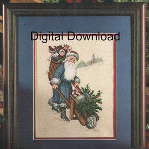 May include: A cross-stitch pattern featuring a blue-clad Santa Claus pushing a wheelbarrow full of presents and a Christmas tree. The scene is set against a snowy background with a church in the distance. The text "Digital Download" is displayed above the image.