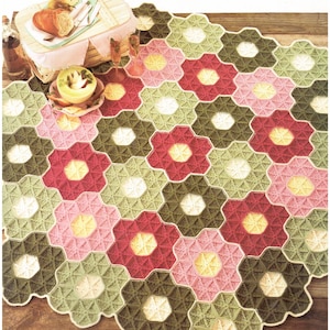 Hexagon Afghan Granny Square Pattern,, Hippie BoHo Crochet, Classic Motif, Vintage 1980&#39;s Pattern, PDF Instant, Digital Download