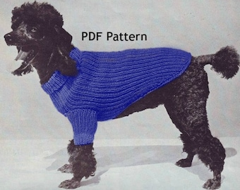 May include: A black poodle wearing a blue knitted jumper. The jumper has a turtleneck and long sleeves. The image includes the text "PDF Pattern".