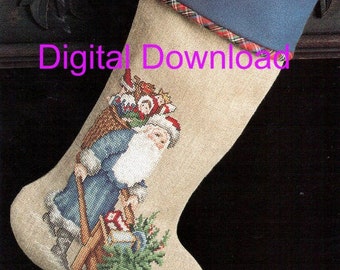 Needlepoint, Vintage Santa, Christmas Sock, St Nicholas, Christmas Decorations, PDF Instant, Digital Download