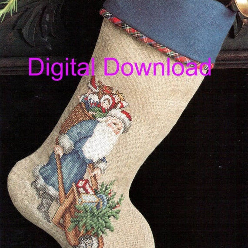 May include: A cross-stitch pattern for a Christmas stocking featuring Santa Claus pulling a wagon full of toys. The stocking is beige with a blue and red plaid trim.