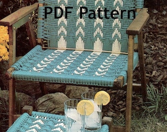 May include: A PDF pattern for a turquoise and white rope chair with a matching footstool. The chair and footstool are made with a woven rope design.