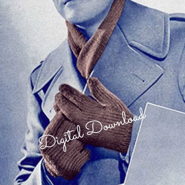 Men's Gloves and Scarf Knit Pattern, War Era Knit Patterns, WWII Military Patterns, Vintage 1940's, PDF Instant,  Digital Download