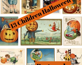 May include: A collection of 13 vintage Halloween postcards featuring children, pumpkins, and spooky scenes. The postcards are in various colours and have a vintage aesthetic.