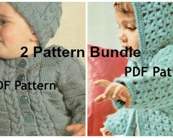 Patrón de suéter con capucha de punto y ganchillo para niños pequeños, sombrero, puntada de palomitas de maíz, chaqueta de punto trenzado, paquete de 2, PDF instantáneo, descarga digital