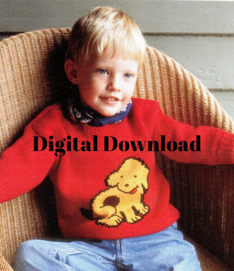 Graph Charted Sweater Pattern Digital Download Children\u2019s Knit Pullover Puppy Dog Pooch Sweater 5 Sizes