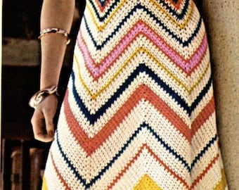 Patrón Chevron Crochet Maxi Vestido, Clásico Vintage 1974 Hippie, Estilo Boho, Tallas 34 y 36, PDF Instantáneo, Descarga Digital
