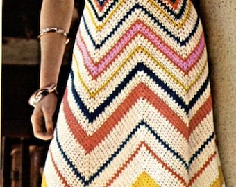 Chevron Crochet Maxi Dress Pattern, Classic Vintage 1974 Hippie, Boho Style, Sizes 34 and 36, PDF Instant, Digital Download