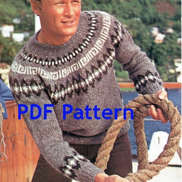 Men's Fair Isle Knit Pullover, Icelandic, Nordic, Scandinavian Yoke, Ski Olympic, Knitting Sweater Pattern, PFD Instant, Digital Download