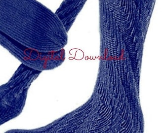 May include: A pair of blue knitted socks with a cable knit pattern. The socks are long and reach above the knee.