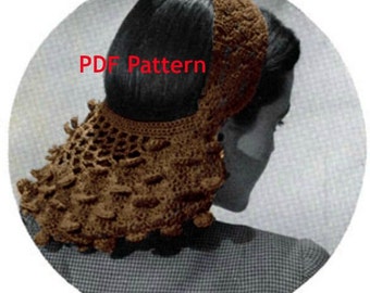 Patrón de redecilla de ganchillo, pañuelo para la cabeza, gorro de fregona, turbante de ganchillo vintage, redecilla para el cabello, vintage 1944, PDF instantáneo, descarga digital