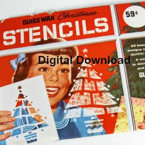 May include: Vintage Christmas stencils for glass wax. The image shows a young woman holding a stencil of a Christmas tree. The box has the text "GLASS WAX Christmas STENCILS" and "59¢".