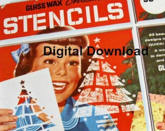 Christmas Stencils, Glass Wax Window-Mirror Stencils, Vintage 50s, Spray Can Snow Flock, Vintage Holiday, PDF Instant, Digital Download ONLY