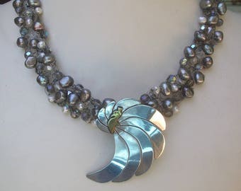 Sterling Silver Peacock  Pearl Necklace