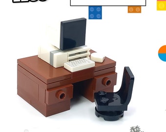 Models built of LEGO® bricks LEGO MOC retro Vintage pc computer on desk  with keyboard, screen and mouse made by Brickis