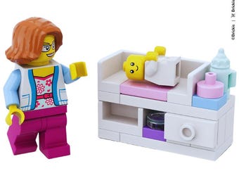 Models Built of LEGO® Bricks – MOC Baby Girl Changing Table – LEGO® Pink Nursery Furniture Set for Minifigures Baby Shower Gift Idea
