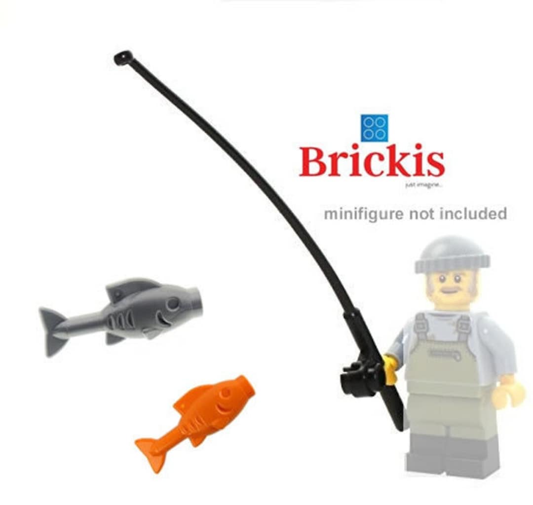 Lego 2 City Mini Figures Fishing Pole Rod With Black String,2 crab,4  fish,Crate