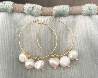 White Freshwater Pearl Gold Hoop Earrings