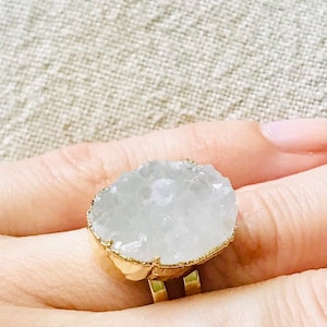 White Druzy Quartz Adjustable Gold Ring