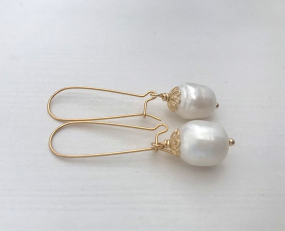 Freshwater Pearl Gold Drop Earrings - Etsy