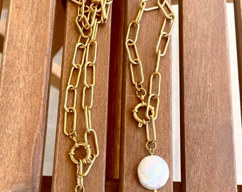 Collier Chaîne Demi Galon Plaqué Or Jaune Avec Perle Baroque Et Attache Trombone - Longueur 20 Pouces