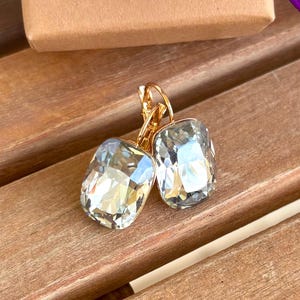 Pale Blue Crystal, Gold Leverback Dangle Earrings