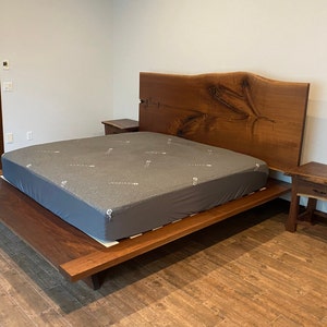 Walnut Wooden Bed Frame King Handmade Furniture - Live Edge Platform Bed for Bedroom Decor - Solid Plank Platform with Ash Slats