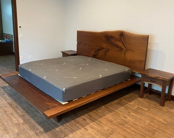 Walnut Wooden Bed Frame King Handmade Furniture - Live Edge Platform Bed for Bedroom Decor - Solid Plank Platform with Ash Slats