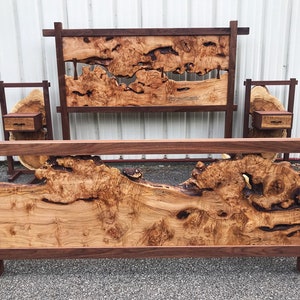 King Size Bed Frame Side Table with Drawers - Live Edge 4 Post Platform Bed Reclaimed Custom Furniture - Wooden Bed Frame Farmhouse Decor