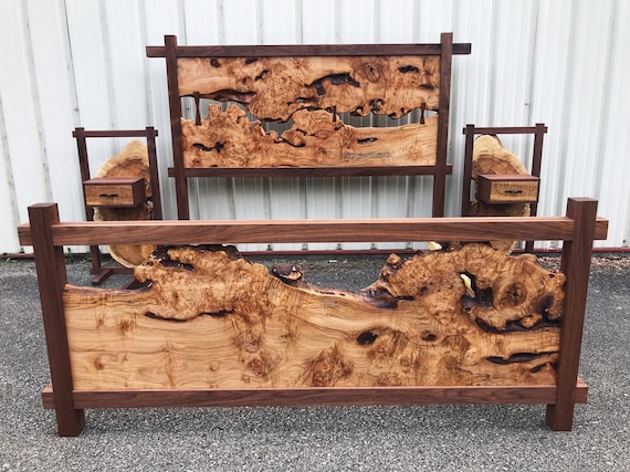 King Size Bed Frame Side Table with Drawers - Live Edge 4 Post Platform Bed Reclaimed Custom Furniture - Wooden Bed Frame Farmhouse Decor