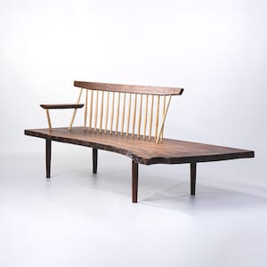 Handmade Live Edge Wood Bench with Armrest - Walnut Wood Furniture Entryway Bench for Living Room - Wooden Bench with Spindle Back for Room